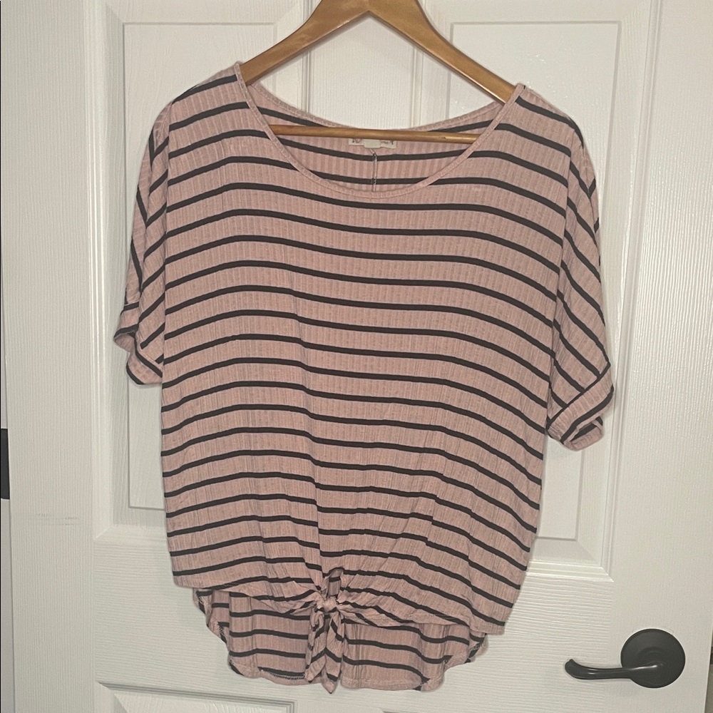 It's Our Time Pink and Black Striped Tie-Front Short Sleeve Top